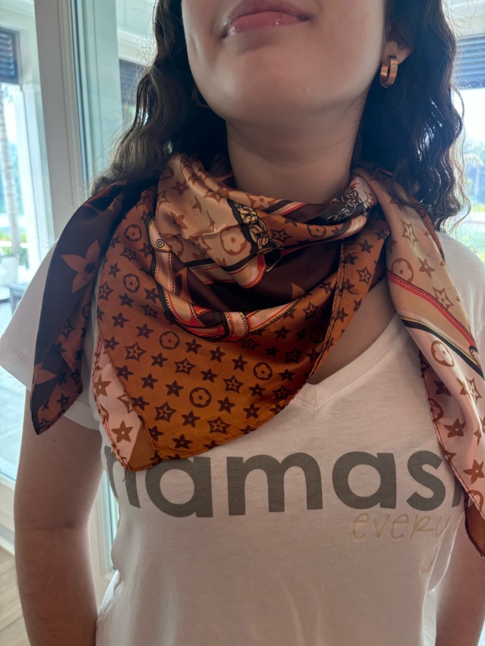 Luxury Brown Patterned Silk Headscarf - Picture 5 of 12